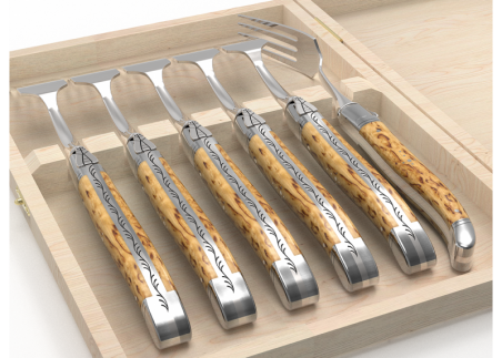 Set of 6 laguiole forks with birch wood handle and stainless steel bolsters image 4