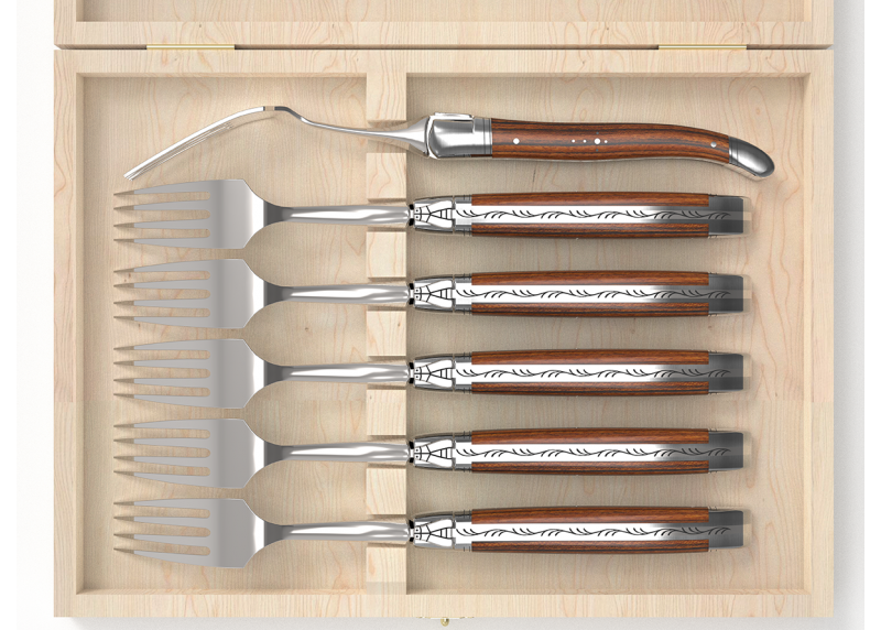 Set of 6 laguiole forks with bocote wood handle and stainless steel bolsters image 3