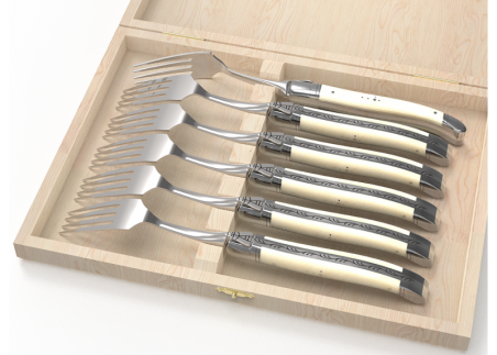 Set of 6 laguiole forks with bovine bone handle and stainless steel bolsters image 1