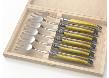 Set of 6 laguiole forks with boxwood handle and stainless steel bolsters image 1