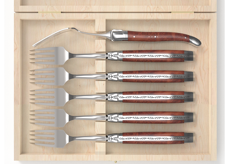 Set of 6 laguiole forks with briar root wood handle and stainless steel bolsters image 3