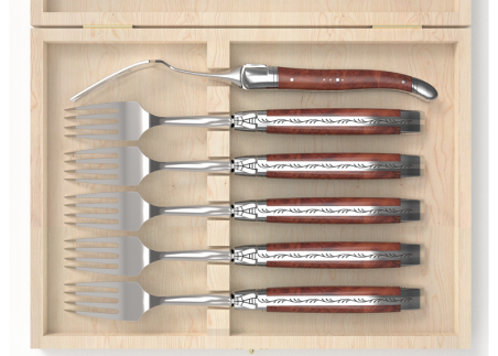 Set of 6 laguiole forks with briar root wood handle and stainless steel bolsters image 3