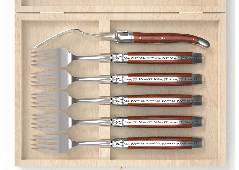 Set of 6 laguiole forks with cocobolo wood handle and stainless steel bolsters image 3