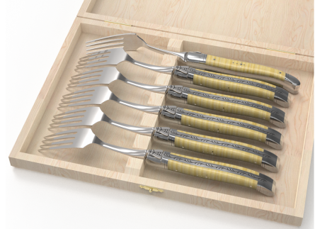 Set of 6 laguiole forks with curly maple wood handle and stainless steel bolsters image 1