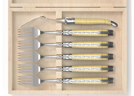 Set of 6 laguiole forks with curly maple wood handle and stainless steel bolsters image 3