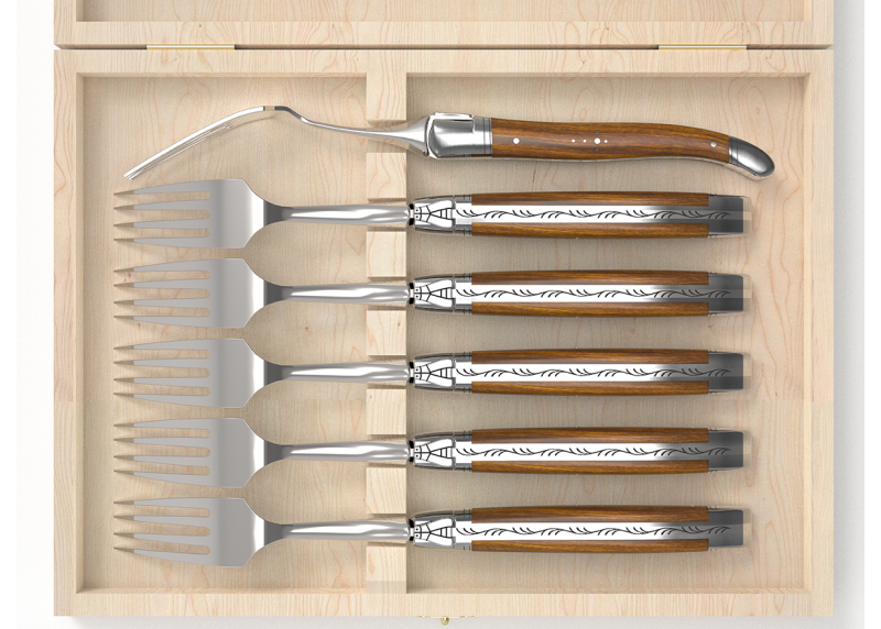 Set of 6 laguiole forks with gaiac wood handle and stainless steel bolsters image 3