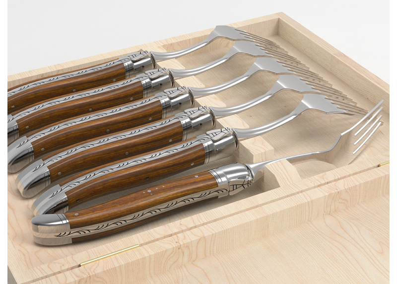 Set of 6 laguiole forks with gaiac wood handle and stainless steel bolsters image 5