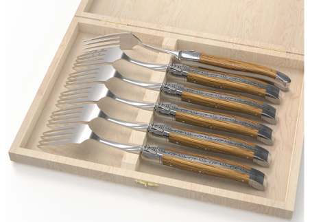 Set of 6 laguiole forks with oak wood handle and stainless steel bolsters image 1