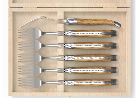 Set of 6 laguiole forks with oak wood handle and stainless steel bolsters image 3