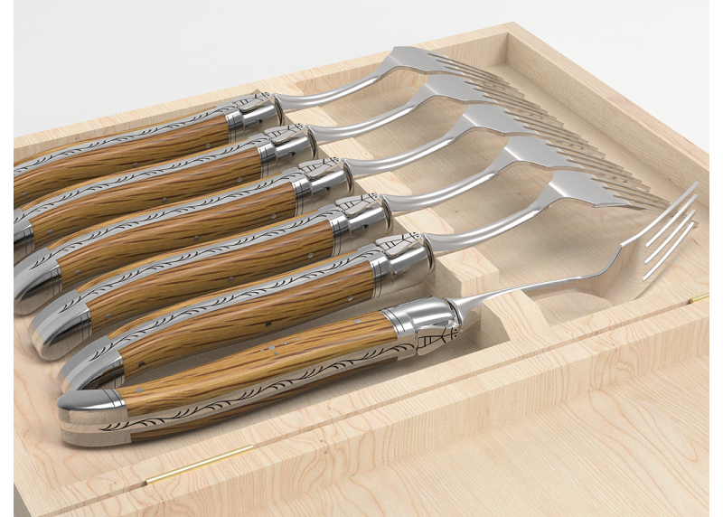 Set of 6 laguiole forks with oak wood handle and stainless steel bolsters image 5