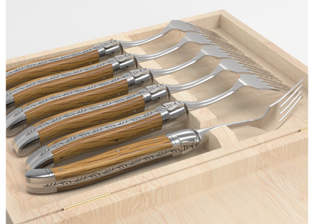 Set of 6 laguiole forks with oak wood handle and stainless steel bolsters image 5