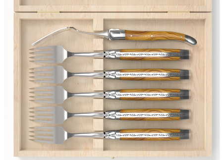 Set of 6 laguiole forks with olive wood handle and stainless steel bolsters image 3