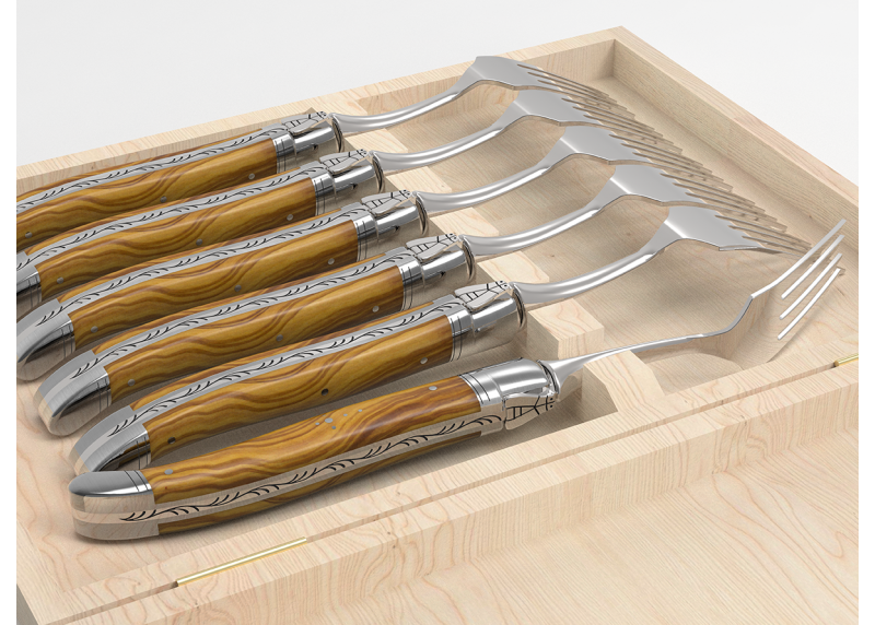 Set of 6 laguiole forks with olive wood handle and stainless steel bolsters image 5