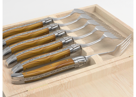 Set of 6 laguiole forks with olive wood handle and stainless steel bolsters image 5