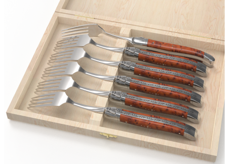 Set of 6 laguiole forks with thuja root wood handle and stainless steel bolsters image 1