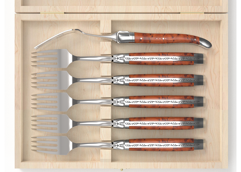 Set of 6 laguiole forks with thuja root wood handle and stainless steel bolsters image 3