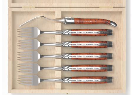 Set of 6 laguiole forks with thuja root wood handle and stainless steel bolsters image 3