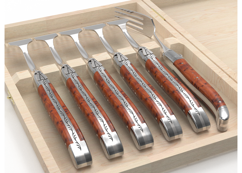 Set of 6 laguiole forks with thuja root wood handle and stainless steel bolsters image 4