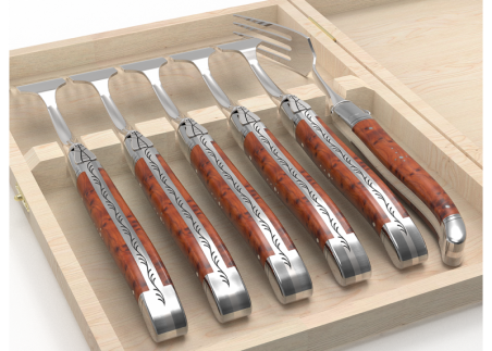 Set of 6 laguiole forks with thuja root wood handle and stainless steel bolsters image 4