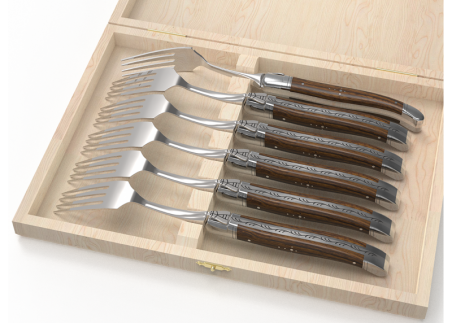 Set of 6 laguiole forks with walnut wood handle and stainless steel bolsters image 1