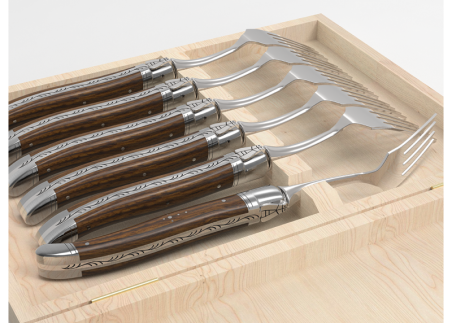 Set of 6 laguiole forks with walnut wood handle and stainless steel bolsters image 5