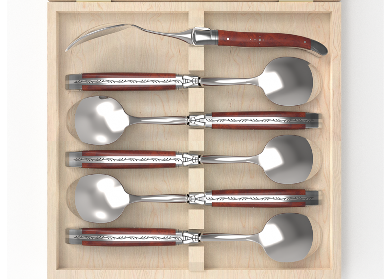 Set of 6 laguiole spoons with amboyna root wood handle and stainless steel bolsters image 3