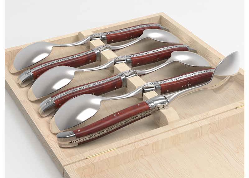 Set of 6 laguiole spoons with amboyna root wood handle and stainless steel bolsters image 5