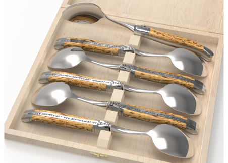 Set of 6 laguiole spoons with birch wood handle and stainless steel bolsters image 1