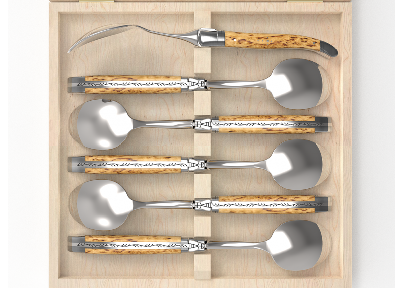 Set of 6 laguiole spoons with birch wood handle and stainless steel bolsters image 3