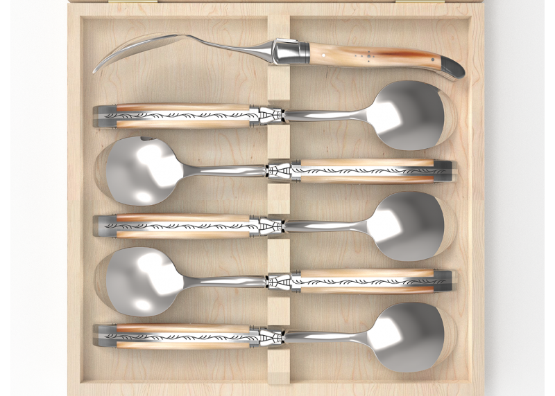 Set of 6 laguiole spoons with blond horn tip handle and stainless steel bolsters image 3