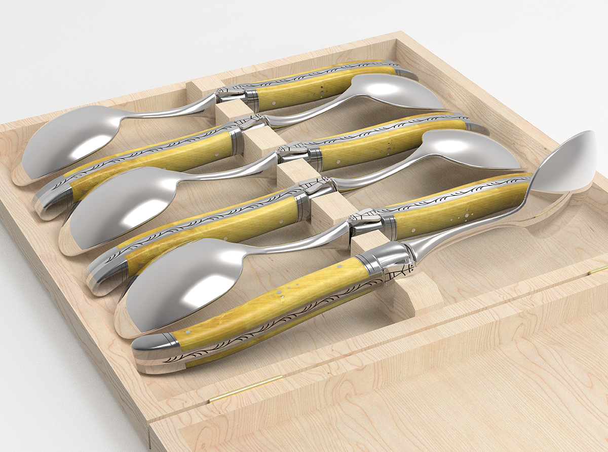 Set of 6 laguiole spoons with boxwood handle and stainless steel bolsters