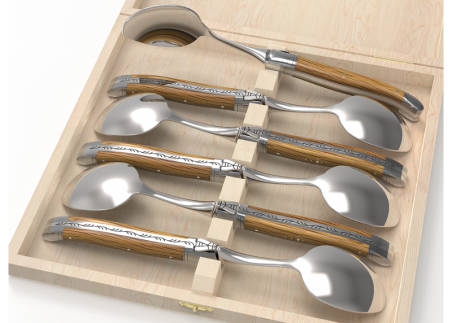 Set of 6 laguiole spoons with oak wood handle and stainless steel bolsters image 1