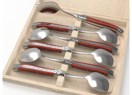 Laguiole cutlery of 6 dessert spoons with African padauk wood handle and stainless steel bolsters image 1