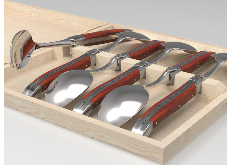 Laguiole cutlery of 6 dessert spoons with African padauk wood handle and stainless steel bolsters image 2