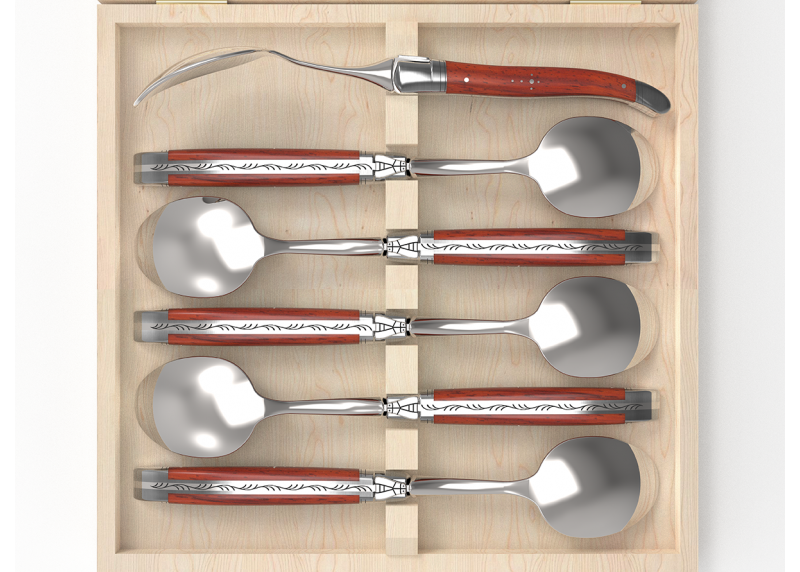 Laguiole cutlery of 6 dessert spoons with African padauk wood handle and stainless steel bolsters image 3