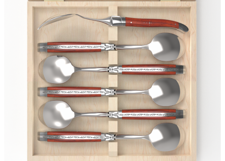 Laguiole cutlery of 6 dessert spoons with African padauk wood handle and stainless steel bolsters image 3