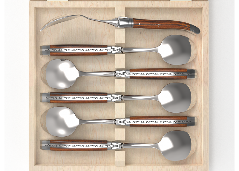 Laguiole cutlery of 6 dessert spoons with bocote wood handle and stainless steel bolsters image 3