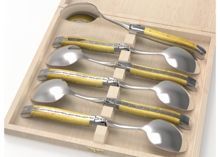 Laguiole cutlery of 6 dessert spoons with boxwood handle and stainless steel bolsters image 1