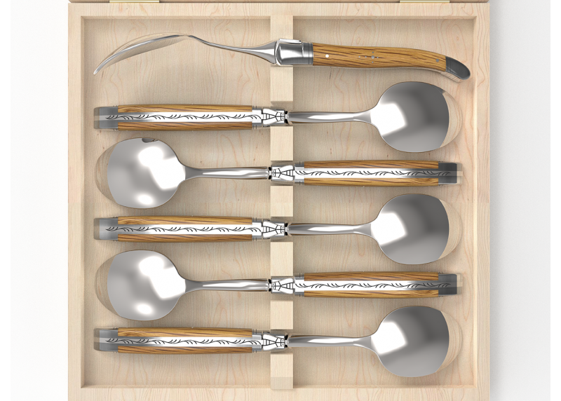 Service de 6 petites cuillères Laguiole avec un manche en bois de chêne et mitres en acier inoxydable image 2