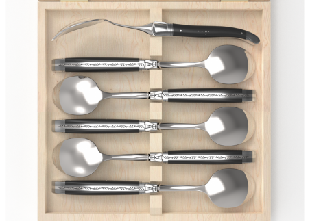 Laguiole cutlery of 6 dessert spoons with ebony wood handle and stainless steel bolsters image 3