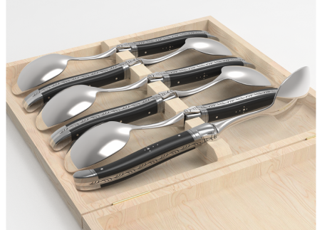 Laguiole cutlery of 6 dessert spoons with ebony wood handle and stainless steel bolsters image 5