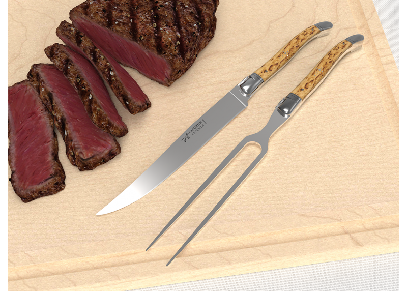 Laguiole meat service with birch wood handle and stainless steel bolsters image 3