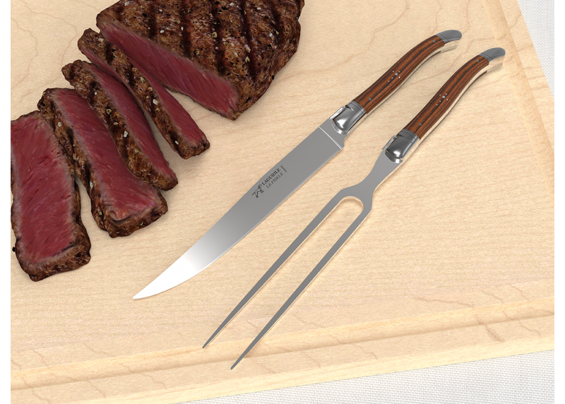 Laguiole meat service with bocote wood handle and stainless steel bolsters image 3