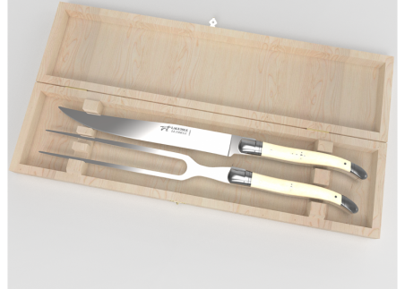 Laguiole meat service with bovine bone handle and stainless steel bolsters image 1