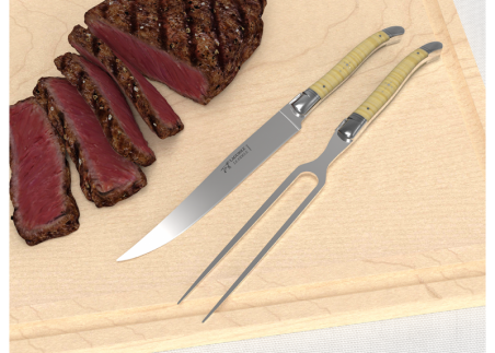 Laguiole meat service with curly maple wood handle and stainless steel bolsters image 3