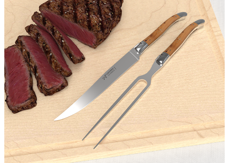 Laguiole meat service with juniper wood handle and stainless steel bolsters image 3