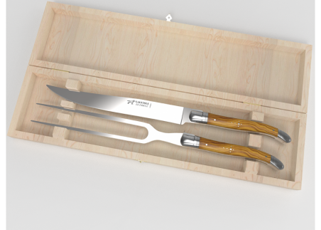 Laguiole meat service with olive wood handle and stainless steel bolsters image 1