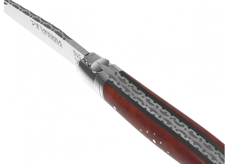 Prestige edition Laguiole knife with amboyna root wood handle and stainless steel bolsters image 2