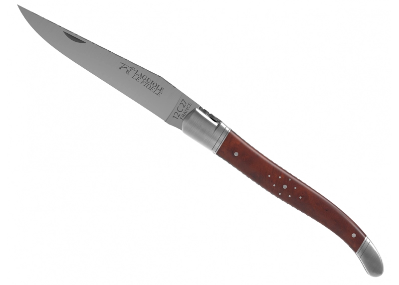 Prestige edition Laguiole knife with amboyna root wood handle and stainless steel bolsters image 3