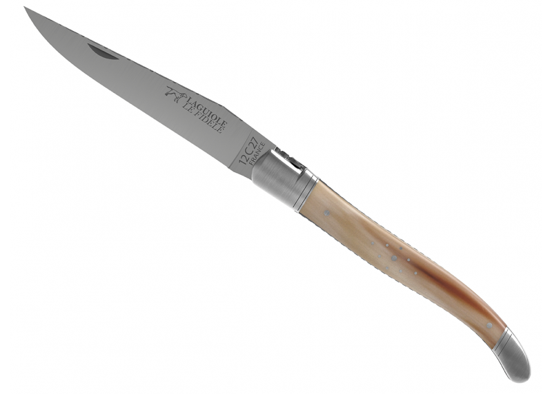 Prestige edition Laguiole knife with blond horn tip handle and stainless steel bolsters image 3